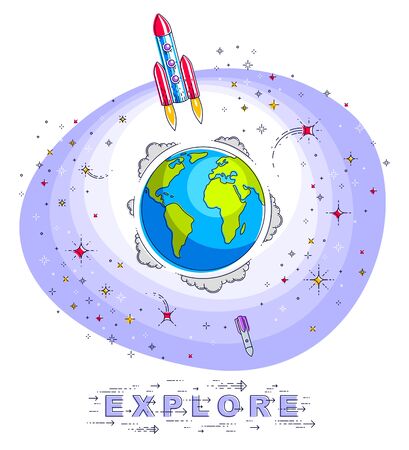 Planet Earth in space surrounded by stars, rockets, asteroids and other elements. Small earth in endless cosmos. Thin line 3d vector illustration isolated on white.のイラスト素材