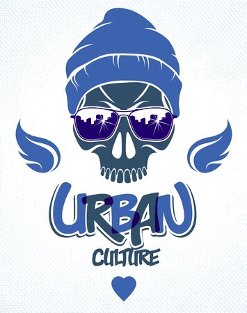 Urban culture style skull in sunglasses vector or emblem, gangster or thug illustration, anarchy chaos hooligan, ghetto theme.のイラスト素材