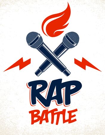 Rap Battle vector  or emblem with two microphones crossed and fire, Hip Hop hot rhymes music mic in a flames, concert festival or night club label, t-shirt print.のイラスト素材