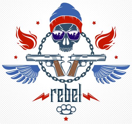 Revolution and Riot wicked emblem with aggressive skull, weapons and different design elements , vector tattoo, anarchy and chaos, rebel partisan and revolutionary.のイラスト素材