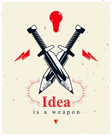 Idea is a weapon concept, weapon of a designer or artist allegory shown as two crossed swords with pencils instead of blades, creative power, vector  or icon.のイラスト素材