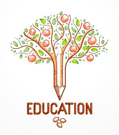 Beautiful fruit apple tree with pencil combined into a symbol, education concept vector linear style or icon. The seeds and the fruits as the consequences.のイラスト素材