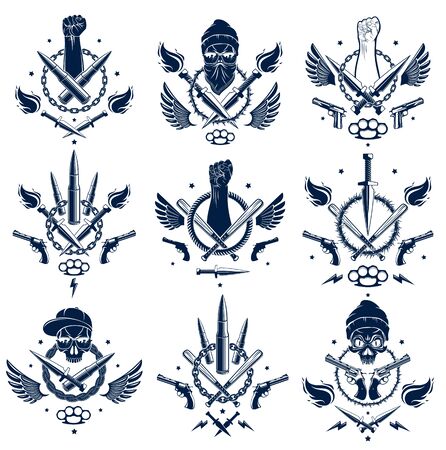 Revolution and Riot aggressive emblem with strong clenched fist, aggressive skull, bullets and guns, weapons and different design elements , vector tattoo, rebel and revolutionary.のイラスト素材