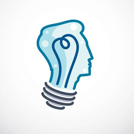 Creative brain concept, intelligent person vector. Light bulb in a shape of child head profile. Bright mind, thinking and brainstorming idea icon.のイラスト素材