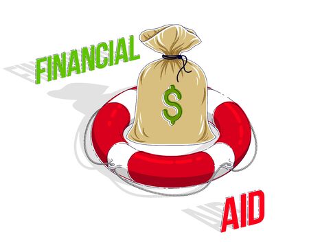 Financial aid concept, Life buoy lifebelt with big cash money bag isolated on white background. Isometric vector business and finance illustration, 3d thin line design.のイラスト素材