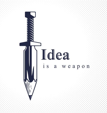 Idea is a weapon concept, weapon of a designer or artist allegory shown as sword with pencil instead of blade, creative power, vector or icon.のイラスト素材