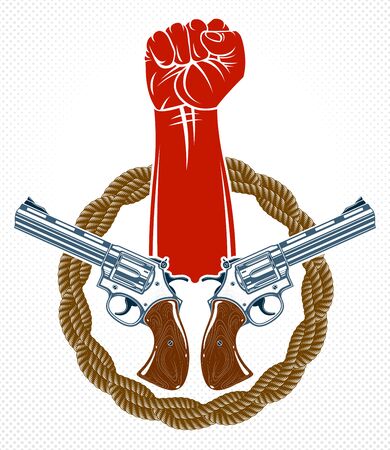 Anarchy and Chaos aggressive emblem or design with strong clenched fist, vector vintage style tattoo, rebel rioter partisan and revolutionary.のイラスト素材