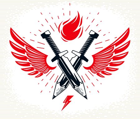 Idea is a weapon concept, weapon of a designer or artist allegory shown as two crossed swords with pencils instead of blades and wingsのイラスト素材