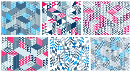 Geometric 3D seamless patterns with cubes, rhombus and triangles boxes blocks vector backgrounds set, architecture and construction, wallpaper designs.のイラスト素材