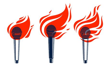 Microphone on fire, hot mic in flames, rap battle rhymes music, karaoke singing or standup comedyのイラスト素材