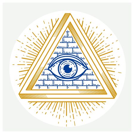 All seeing eye of god in sacred geometry triangle, masonry and illuminati symbol, vectorのイラスト素材