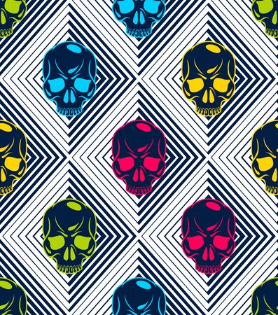 Seamless skulls background, vector pattern with crazy sculls, horror and death theme, Hard Rock and Rock N Roll subculture prints textile, hazard and danger.のイラスト素材