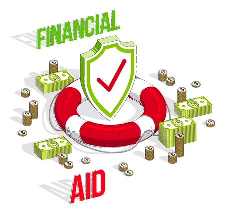 Financial aid concept, Life Buoy and Shield with cash money dollar stack and coins isolated on white background. Vector 3d isometric business and finance illustration.のイラスト素材