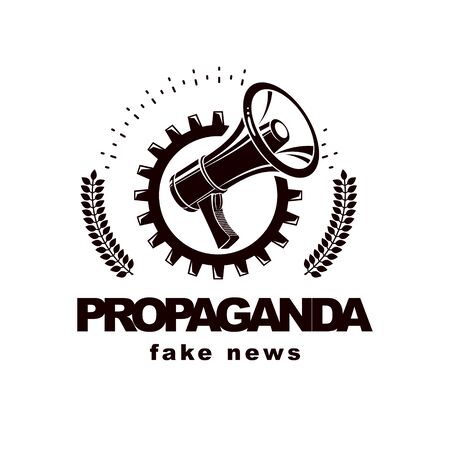 Loudspeaker vector  isolated on white and surrounded by industrial cog wheel. Propaganda as the means of global manipulation and control.のイラスト素材