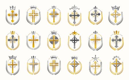 Vintage Christian crosses vector logos or emblems, heraldic design elements big set, classic style heraldry religion symbols, antique designs.のイラスト素材