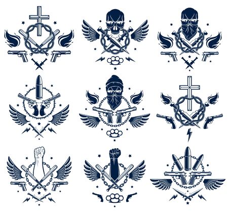 Revolution and Riot aggressive emblem with strong clenched fist, aggressive skull, bullets and guns, weapons and different design elements , vector tattoo, rebel and revolutionary.のイラスト素材
