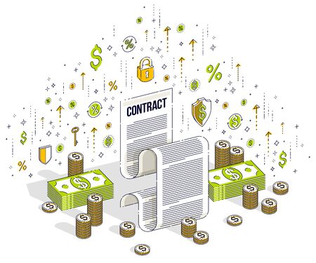 Financial contract concept, paper legal document and cash money stacks isolated on white background. Vector 3d isometric business illustration with icons, stats charts and design elements.のイラスト素材