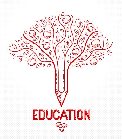 Beautiful fruit apple tree with pencil combined into a symbol, education concept vector linear style or icon. The seeds and the fruits as the consequences.のイラスト素材
