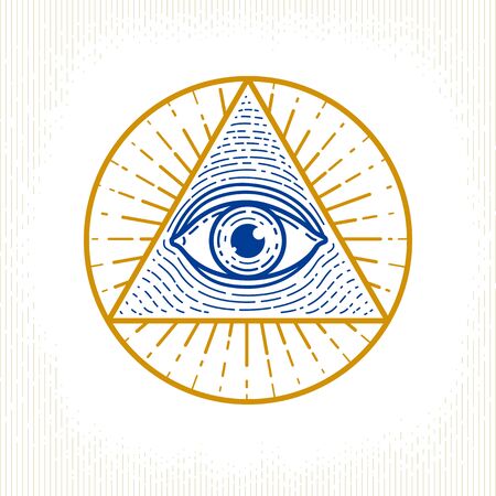 All seeing eye of god in sacred geometry triangle, masonry and illuminati symbol, vector or emblem...