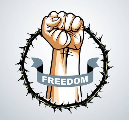Slavery theme illustration with strong hand clenched fist fighting for freedom against blackthorn thorn, vector or tattoo, through the thorns to the stars concept.のイラスト素材