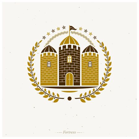 Ancient Castle emblem. Heraldic Coat of Arms decorative logo isolated vector illustration. Antique logotype in old style on white background.のイラスト素材