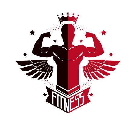 Sport logo for weightlifting gym and fitness club, retro style vector emblem with wings. With sportsman silhouette.のイラスト素材