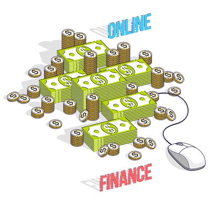 Online finance concept, web payments, internet earnings, online banking, cash money stacks with computer mouse connected to piles. Isometric 3d vector business and finance illustration.のイラスト素材