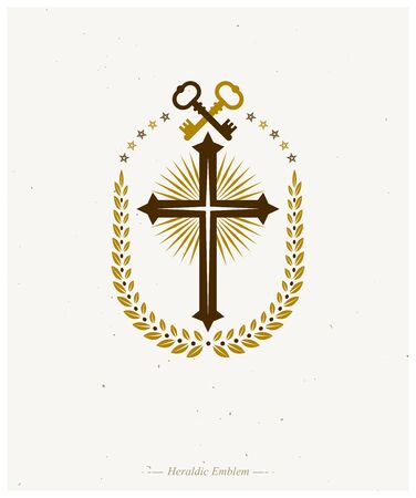 Christian Cross decorative emblem composed with security keys. Heraldic vector design element. Retro style logo, religious vintage symbol. Faith is a key to salvation.のイラスト素材