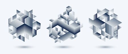 3D cubes and triangles lined stripy abstract vector backgrounds set with retro style elements isolated and easy to use or edit. Templates for posters or banners, covers or ads.のイラスト素材