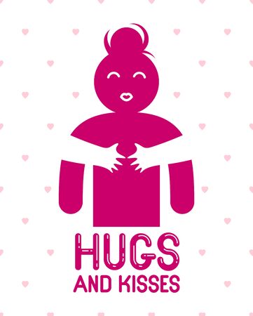 Hugs and kisses with loving hands of beloved person and kissing lips, lover woman hugging her mate and shares love, vector icon  or illustration in simplistic symbolic style.のイラスト素材