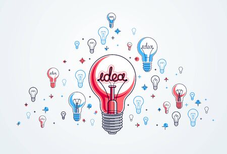 Shining light bulb and set of lightbulb icons, ideas creative concept, brainstorm allegory, vector illustration.のイラスト素材