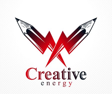 Creative energy power concept shown by two pencils in a shape of lightning bolts crossed, vector logo or icon, the power of idea, design and art, science invention or research.のイラスト素材
