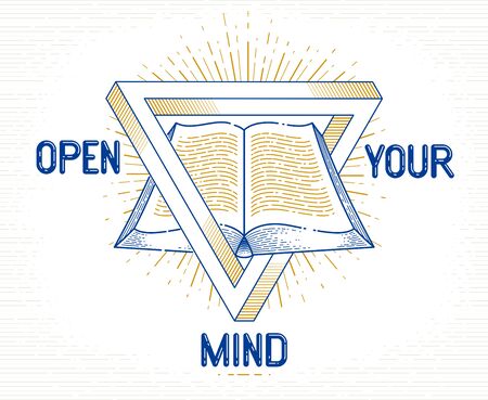 Secret knowledge vintage open book with sacred geometry triangle, insight and enlightenment, education and science, vector logo or emblem design element.のイラスト素材