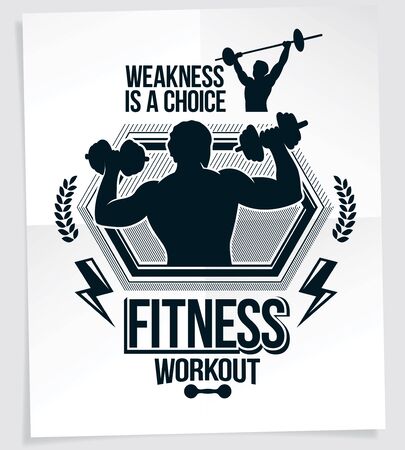 Weight-lifting championship promotion flyer created with vector illustration of athletic bodybuilder body silhouette holding fitness dumbbells sport equipment. Weakness is a choice lettering.のイラスト素材