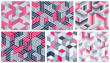 Seamless isometric lines geometric patterns set, 3D cubes vector tiling backgrounds, architecture and construction, wallpaper designs.のイラスト素材