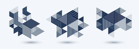 Abstract polygonal backgrounds with stripy triangles and 3D cubes vector designs set. Templates for...