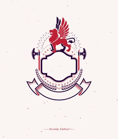 Graphic emblem with Lion heraldic animal element, pentagonal star and hatchets. Heraldic Coat of Arms decorativeのイラスト素材