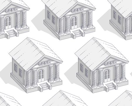 Bank buildings seamless background, backdrop for financial business or banking website or economical theme ads and information, credits and savings, vector wallpaper or web site background.のイラスト素材
