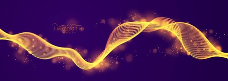 Wave line of flowing particles over dark abstract vector background, smooth curvy shape shining dots fluid array. 3d dots blended mesh, future technology relaxing wallpaper.のイラスト素材