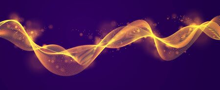 Wave line of flowing particles over dark abstract vector background, smooth curvy shape shining dots fluid array. 3d dots blended mesh, future technology relaxing wallpaper.のイラスト素材