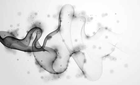 Wave line of flowing particles abstract vector background, smooth curvy shape dots fluid array. 3d shape dots blended mesh, future technology relaxing wallpaper.のイラスト素材