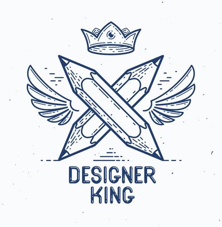 Two crossed pencils with wings and crown, vector simple trendy logo or icon for designer or studio, creative king, royal design, linear style.のイラスト素材