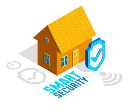 Smart home IOT concept electronics modern house vector isometric illustration, smart security, app distant automated future technology.のイラスト素材
