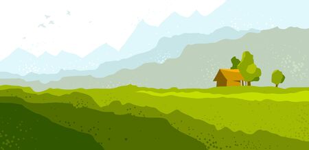 Beautiful scenic nature landscape vector illustration summer or spring season with grasslands meadows hills and mountains, hiking traveling trip to the countryside concept.のイラスト素材