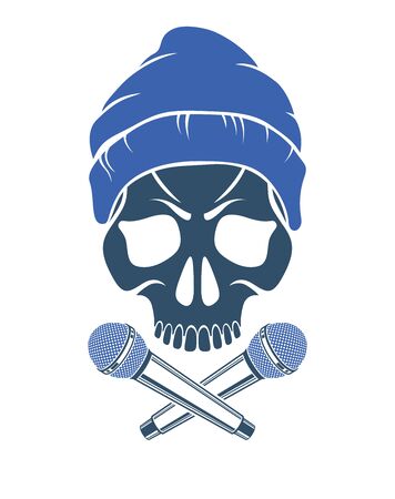 Rap music vector logo or emblem with aggressive skull and two microphones crossed like bones, Hip Hop rhymes festival concert or night club party label, t-shirt print.のイラスト素材