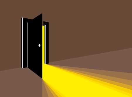 Half open secret door new opportunities concept vector illustration, fear of the unknown, step inside the light from the dark, what is behind, what is there.のイラスト素材