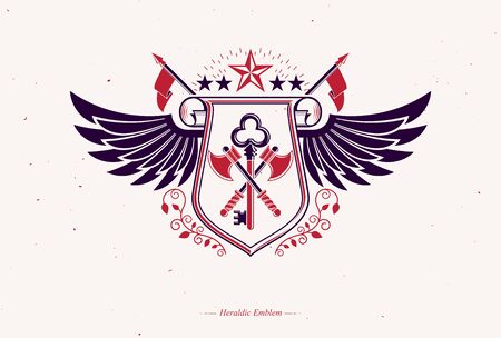Vector retro insignia design decorated using vintage elements like armory and eagle wings のイラスト素材