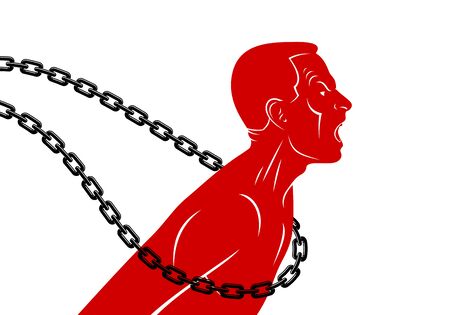 Shouting and screaming man trying to break the chain struggling for freedom, fight and liberate concept, liberty and human rights vector conceptual illustration.のイラスト素材