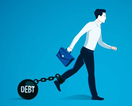 Businessman with weight metal ball on shackles symbolizes debt or problems vector illustration isolated on white, handsome man trying to walk forward but troubles stop him.のイラスト素材