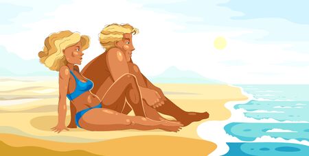 Pretty young couple on sea shore beach calm relaxing and rest looking to the sea, attractive man and woman on nature.のイラスト素材